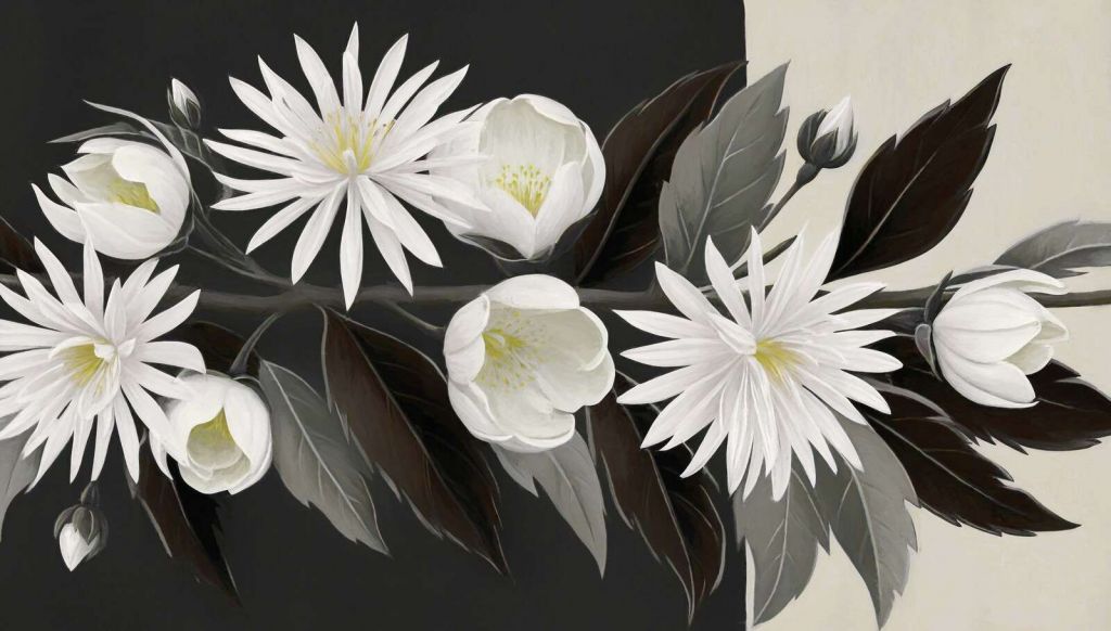 Clemátide blanca sobre una rama oscura.