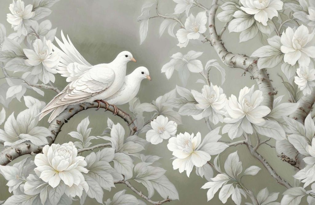 Palomas blancas entre las ramas en flor