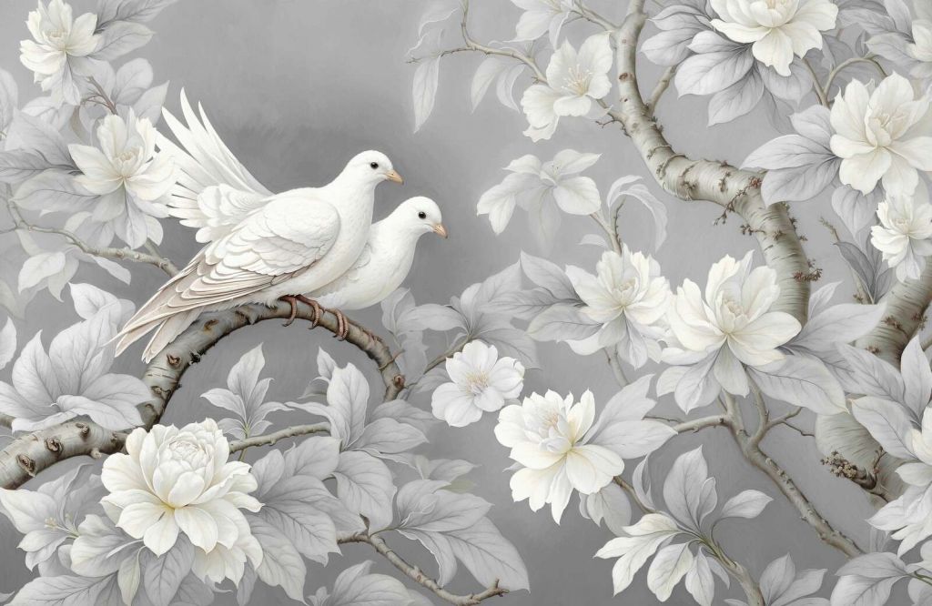 Palomas blancas con flor de magnolia