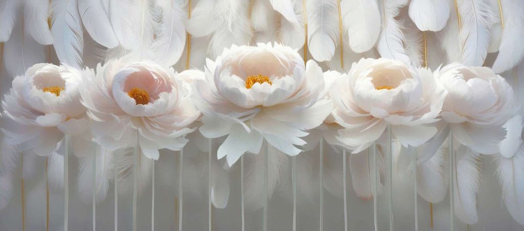 Peonías blancas con plumas suaves