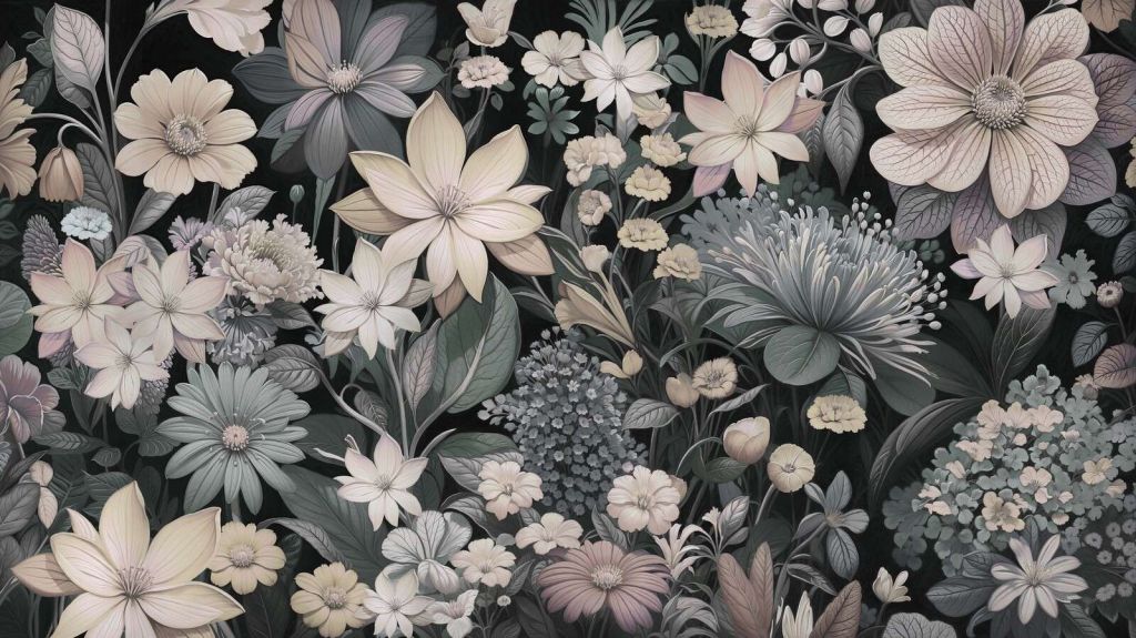Pradera de flores oscura con tonos pastel