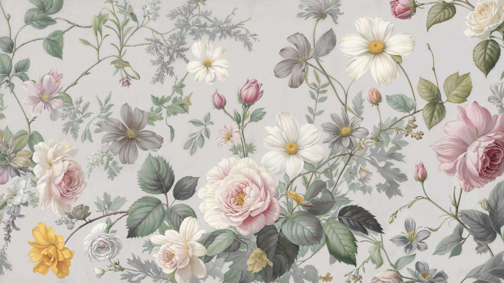 Flores románticas sobre gris niebla