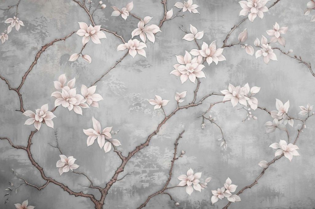 Rama de magnolia blanca sobre gris brumoso