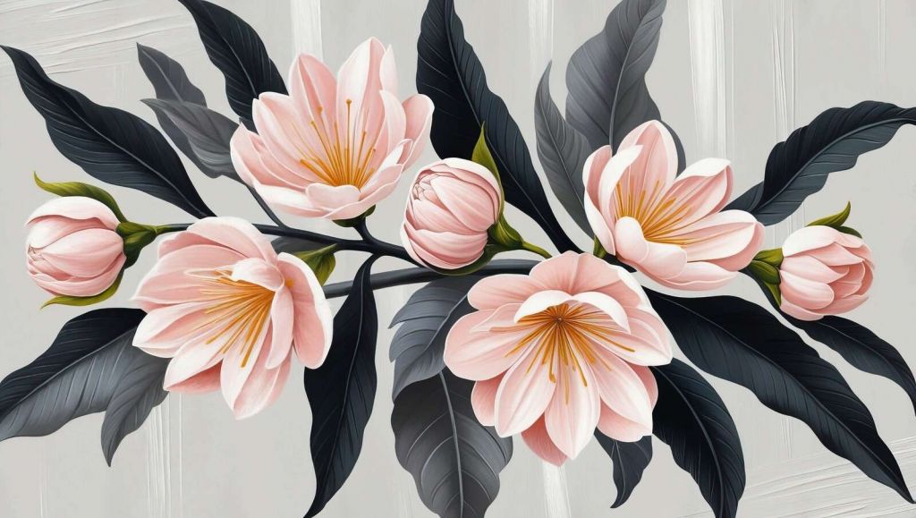 Flores de magnolia rosas con hojas oscuras