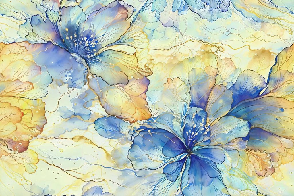 Flores acuarela en azul y oro