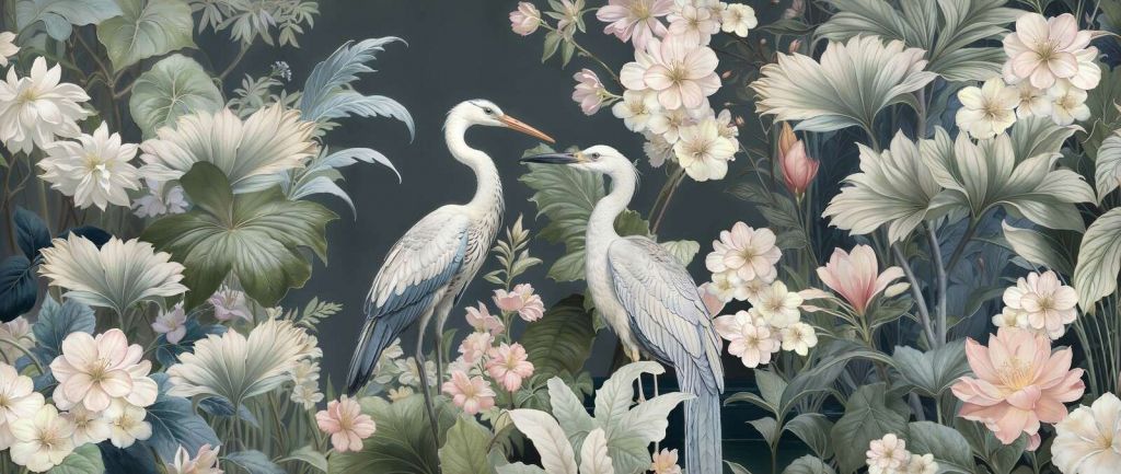 Garzas blancas entre flores suaves