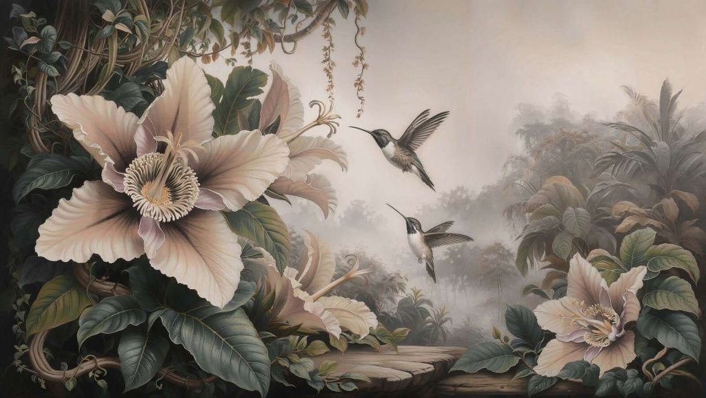 Flores tropicales con colibríes