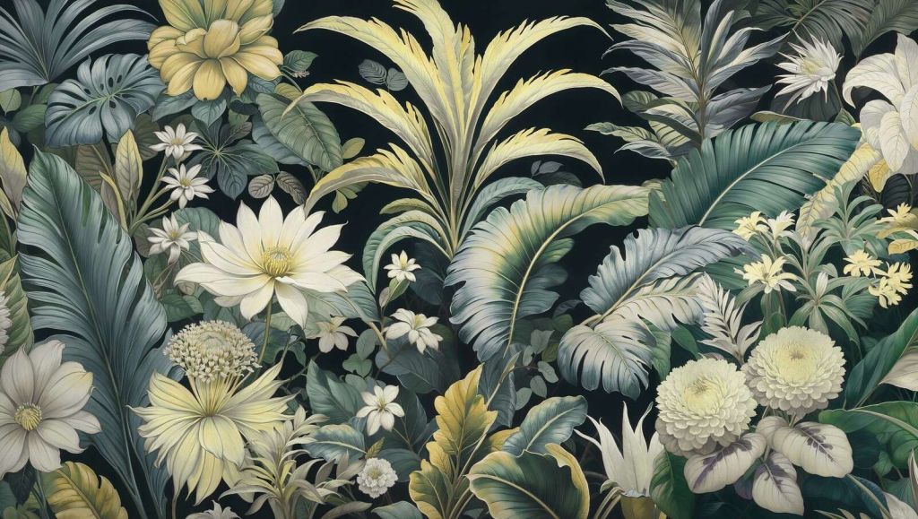 Flores tropicales claras sobre fondo oscuro