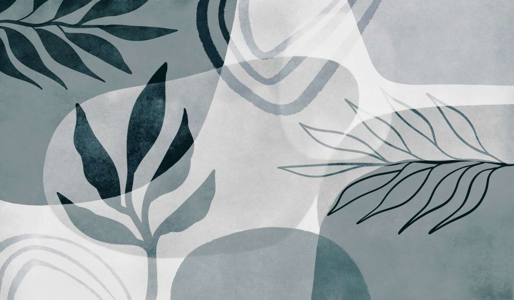 Arte botánico abstracto de mediados de siglo en verde azulado.