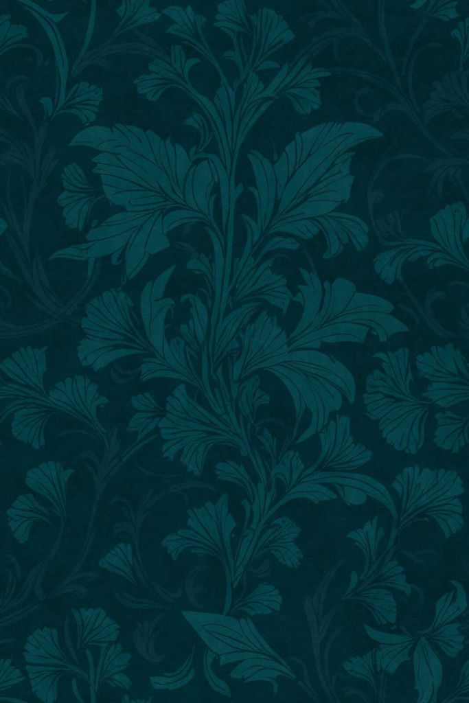 estampado damasco con filigranas en monocromo estilo William Morris en esmeralda y verde azulado