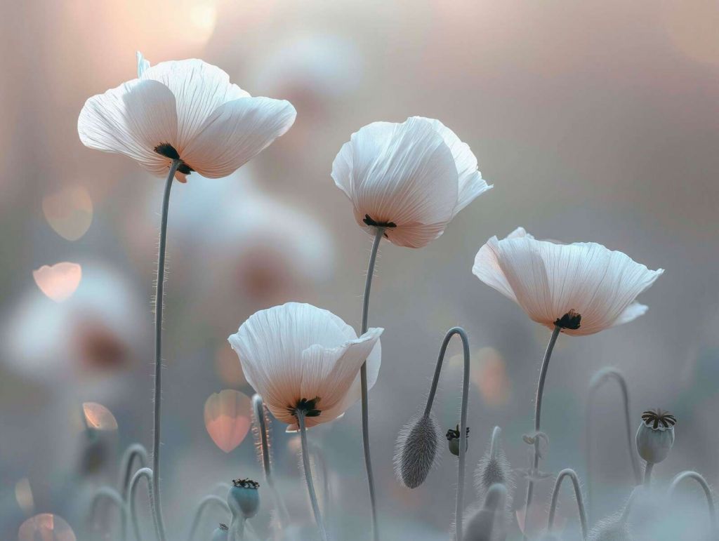Amapolas blancas en la luz de la mañana