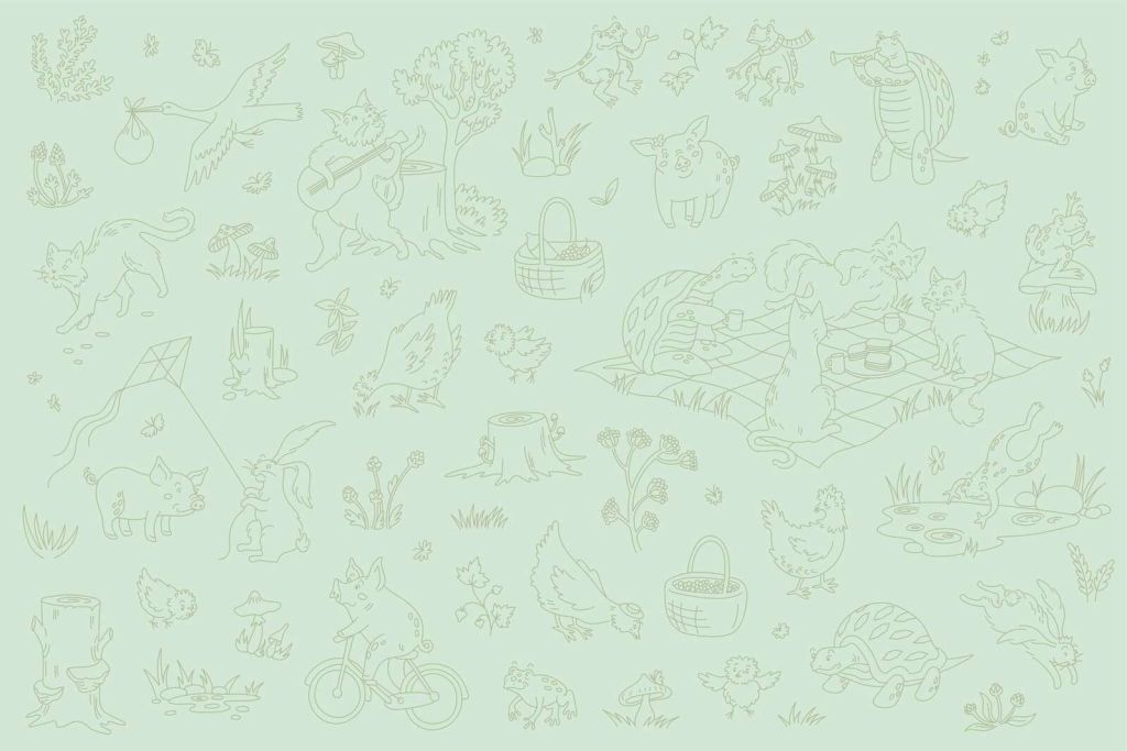 Animales del bosque tranquilos, luz verde menta