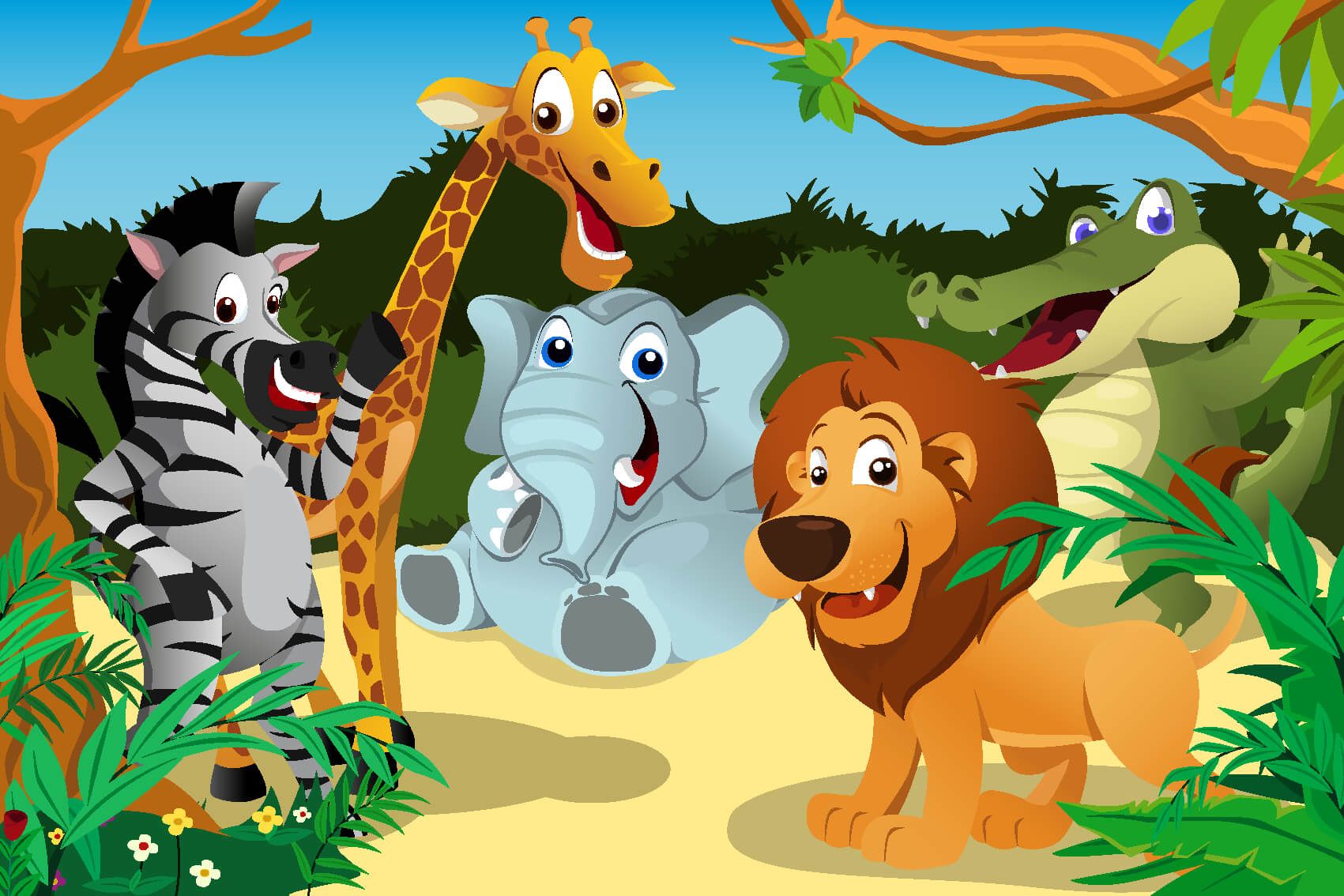 Animales de safari - Papel pintado con Alegres animales salvajes - Habitación de infantes