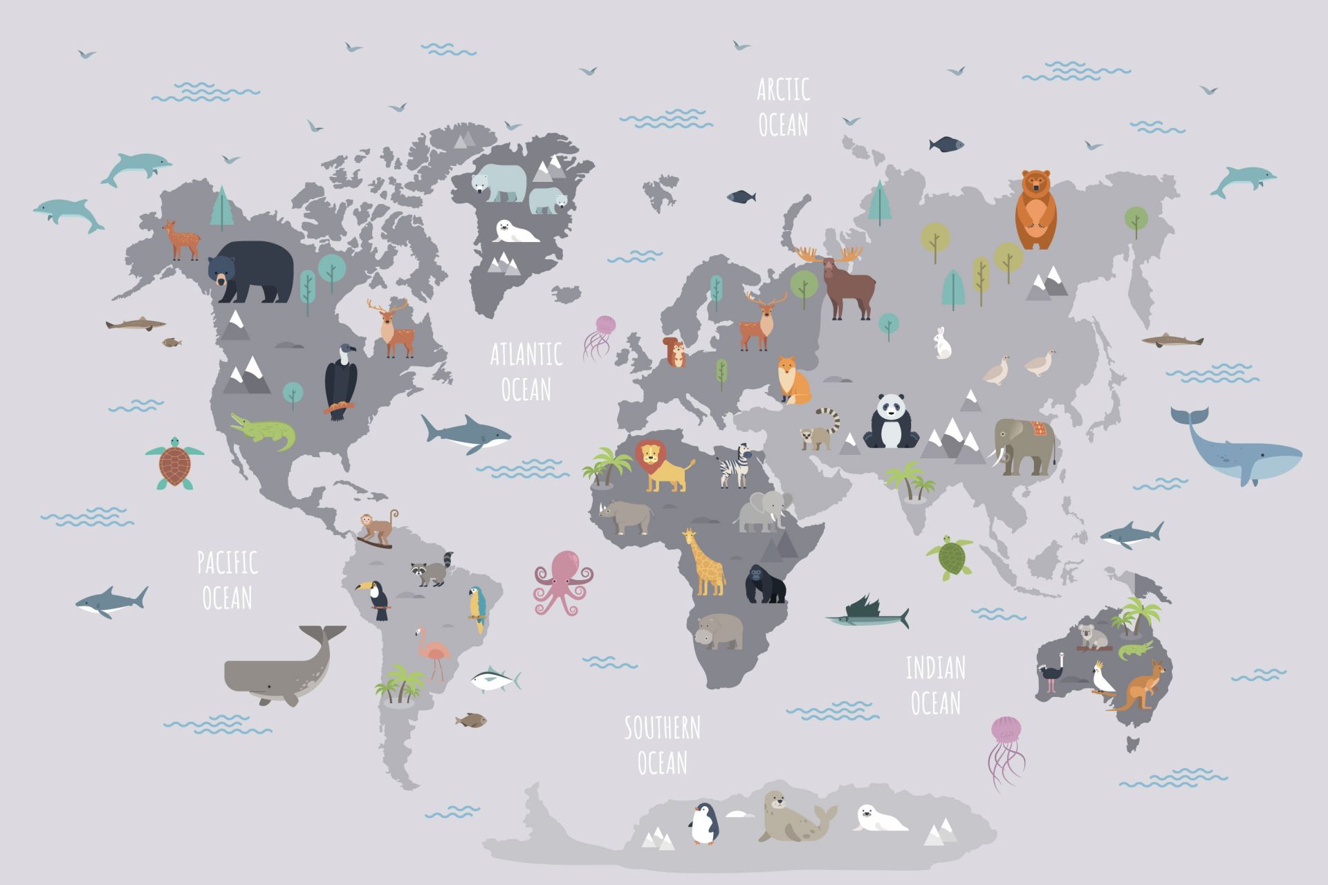 Mapa del mundo con animales salvajes