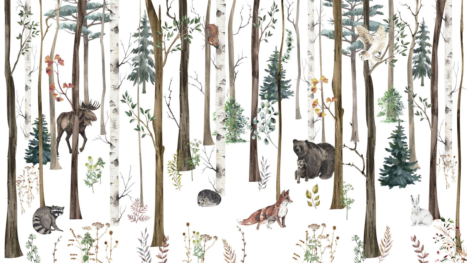 Bosque dibujado con animales de otoño