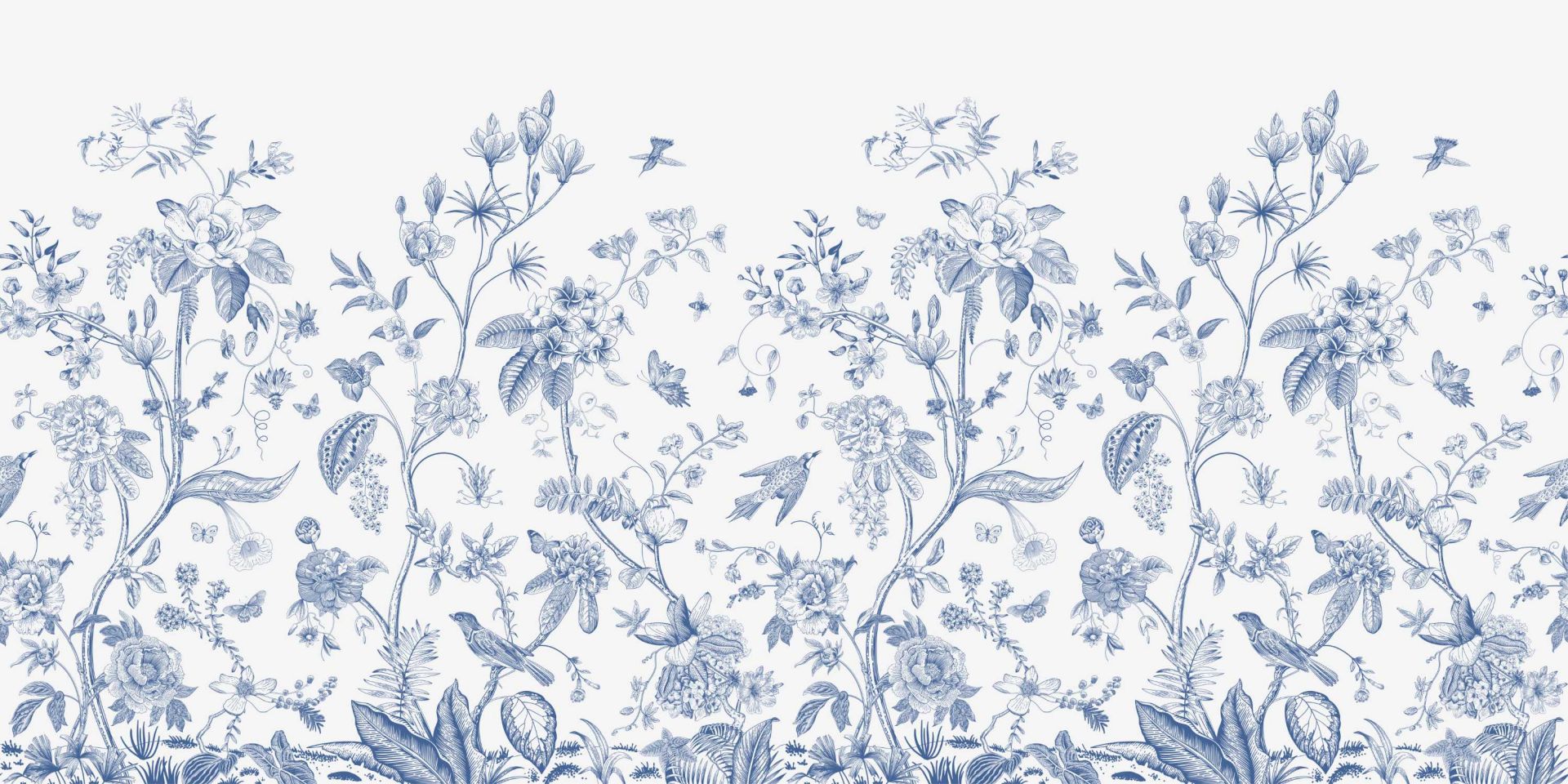 Ilustración floral, azul y blanco
