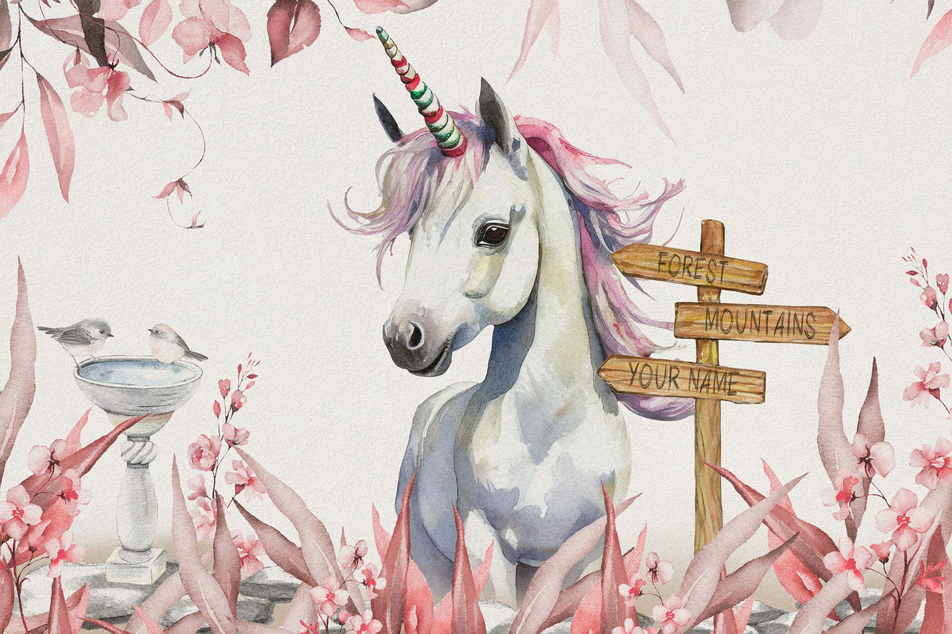 Bebé unicornio con plantas rosa