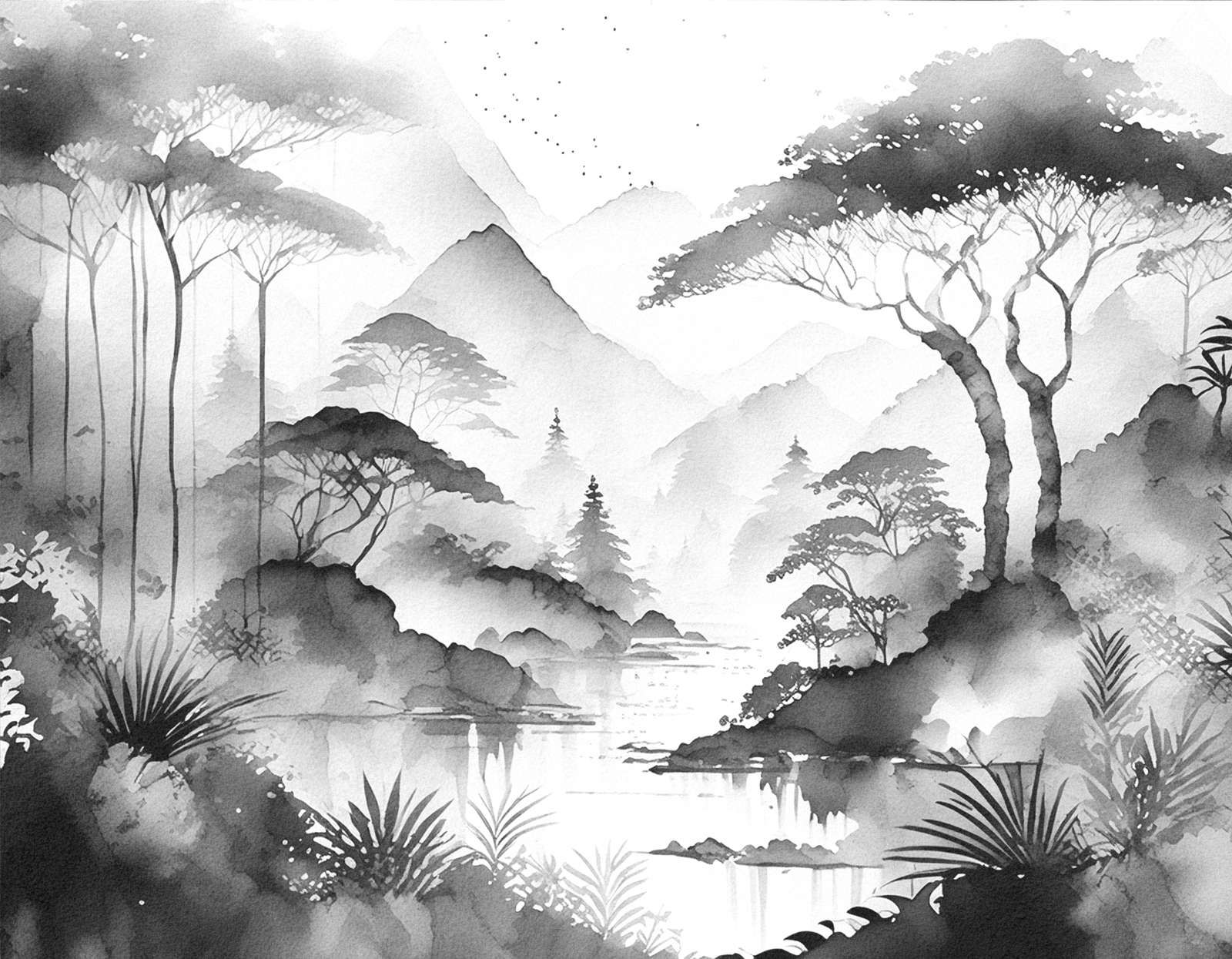 Lago de Montaña en Tinta Nebulosa
