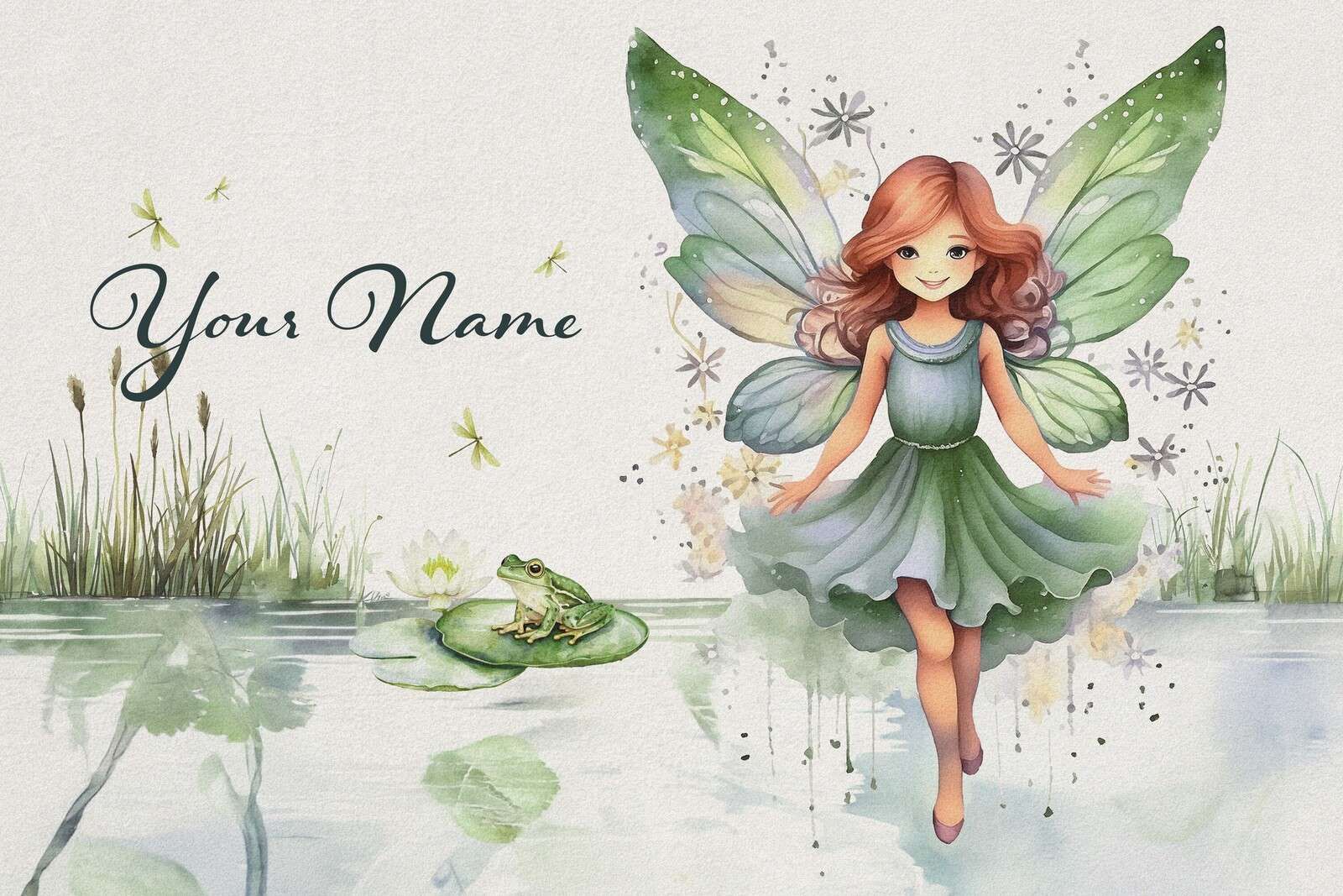 Hada del estanque con rana y libélulas