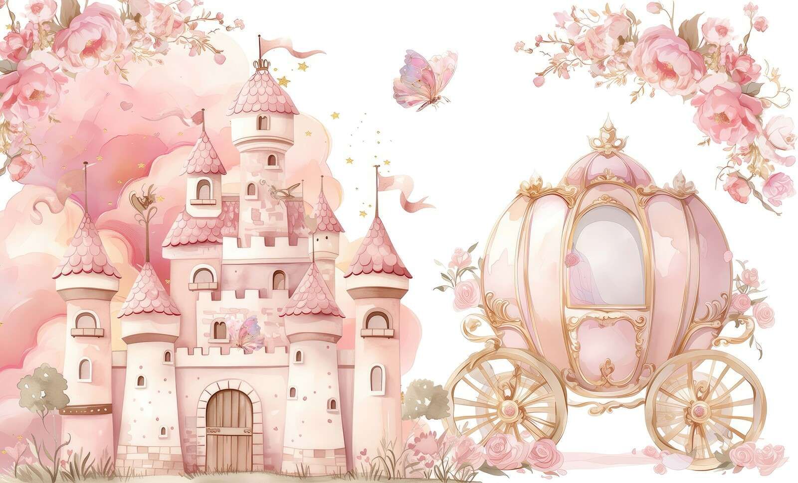 Castillo de cuentos de hadas y carroza de rosas