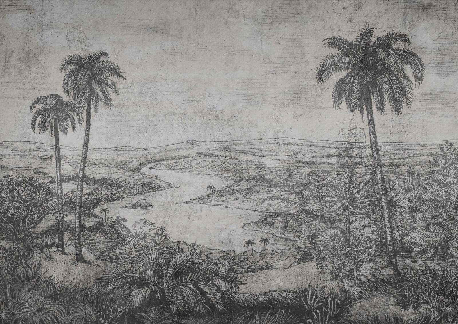 Paisaje de palmeras en estilo de grabado gris