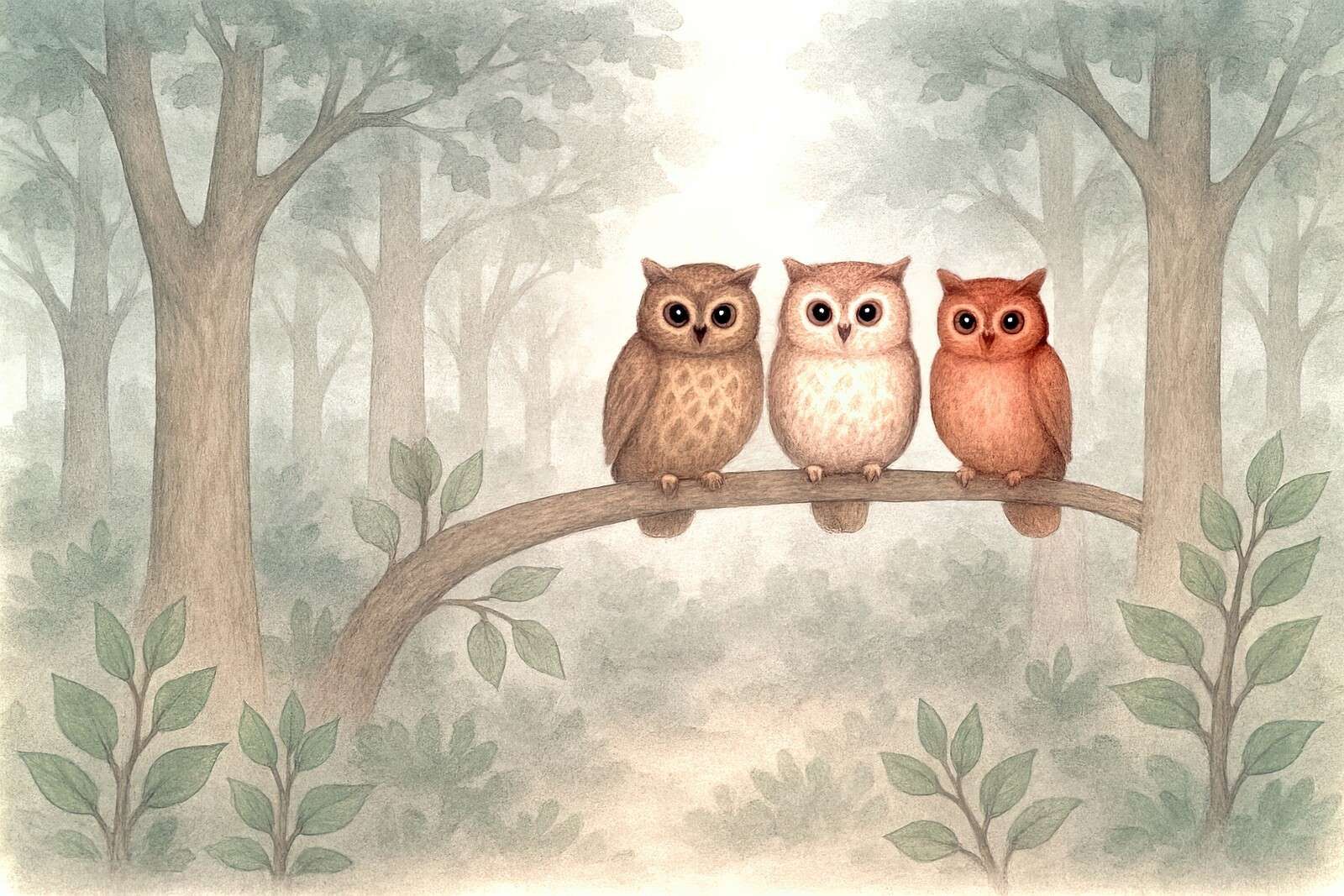 Tres búhos en el bosque.