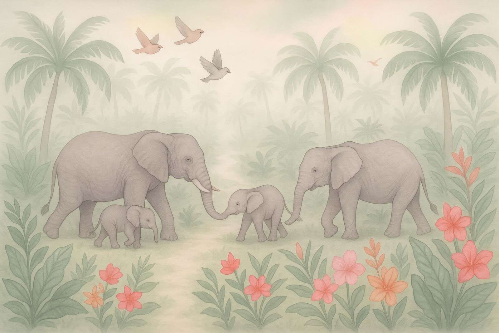 Paseo de elefantes entre flores tropicales.
