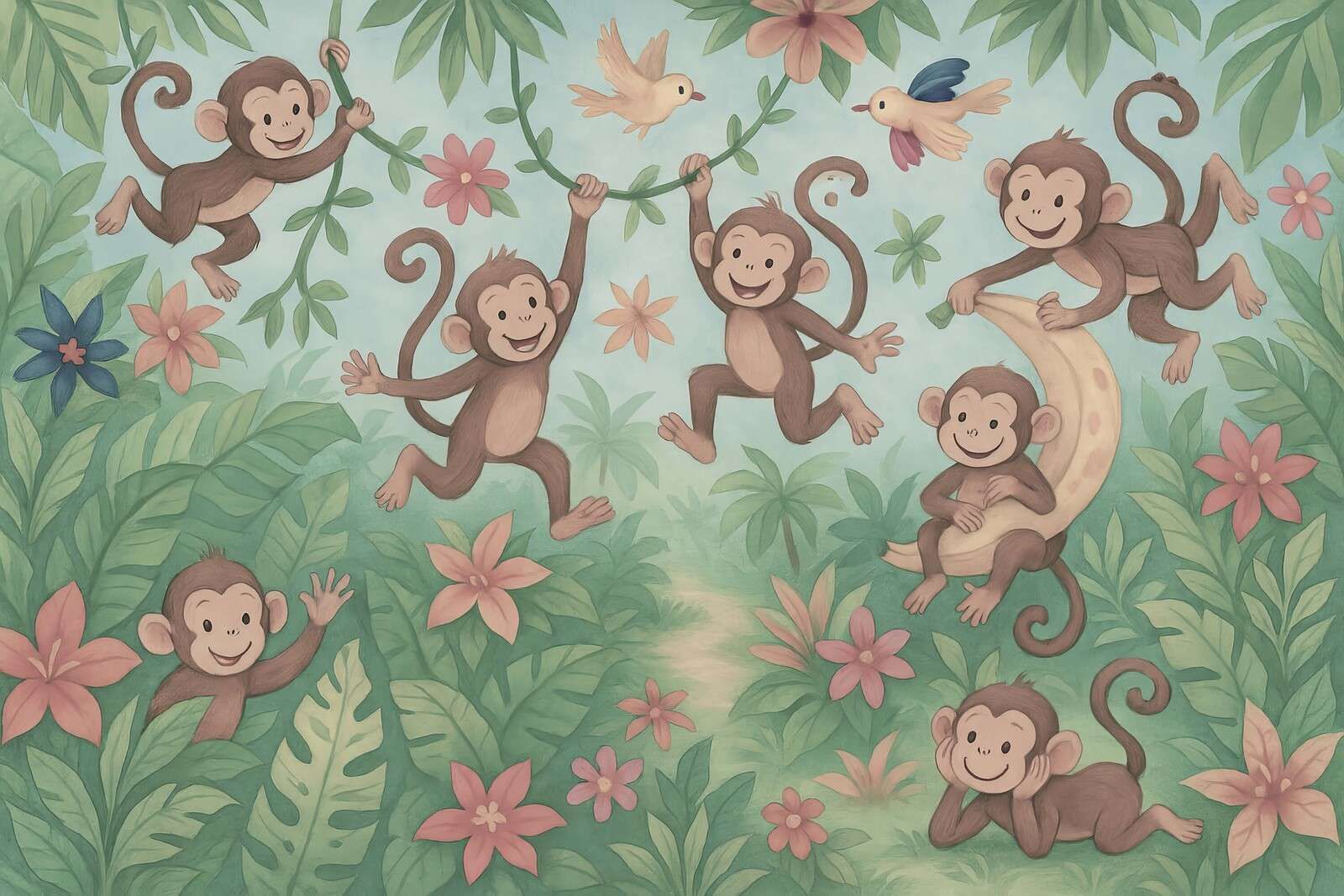 Felices monos en la jungla de flores