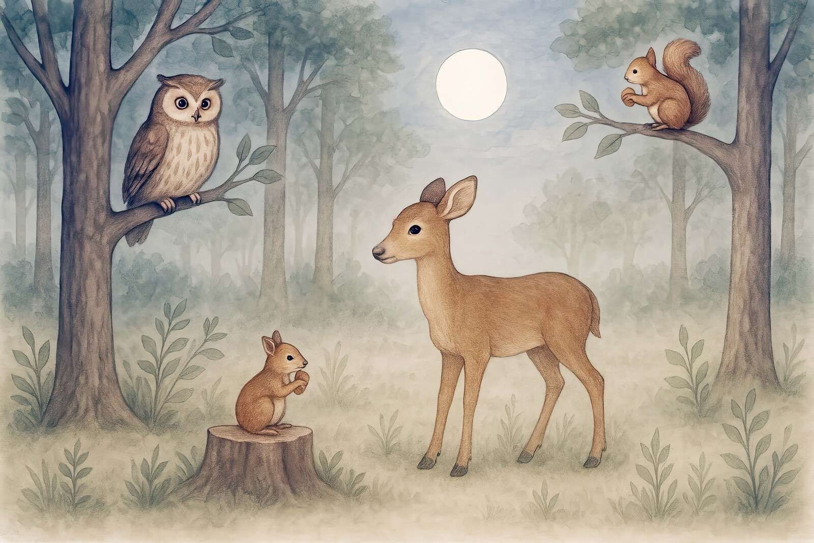 Luz de luna en el bosque con animales