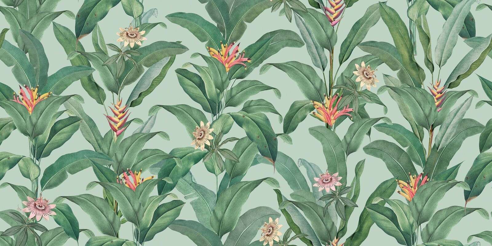 Hojas tropicales con heliconia