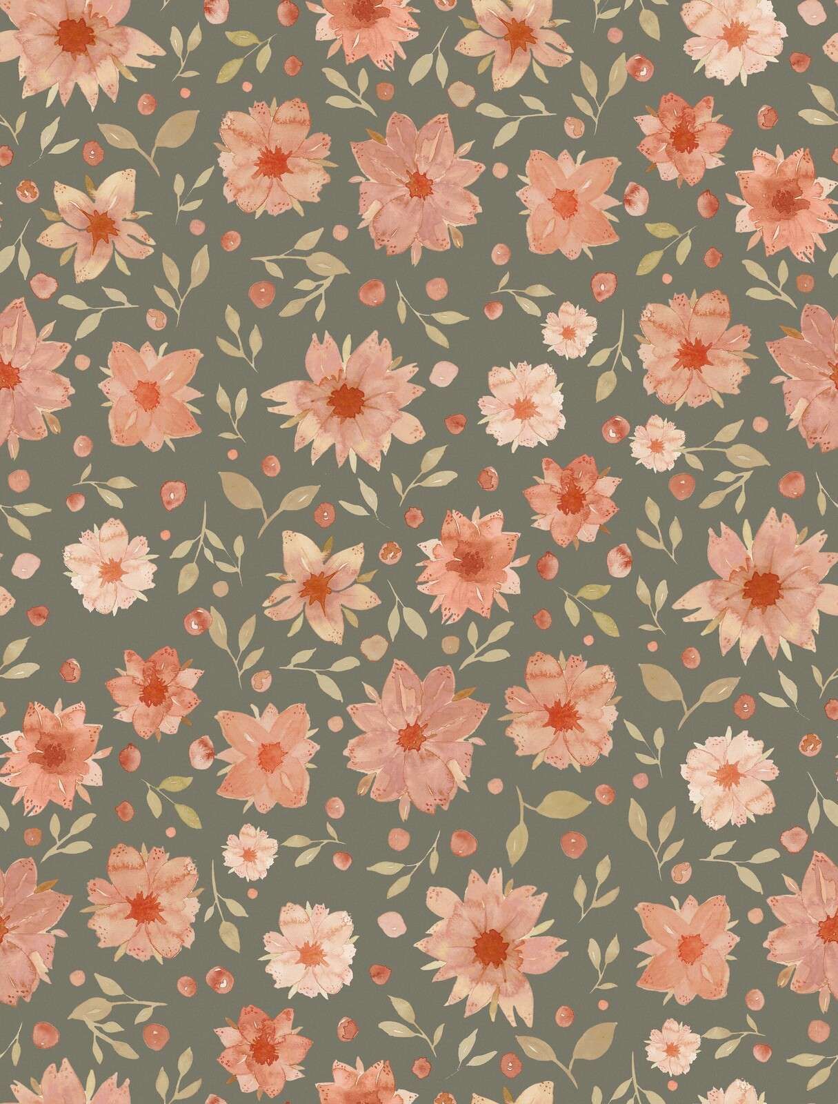 Flores acuareladas rosa coral sobre verde oliva
