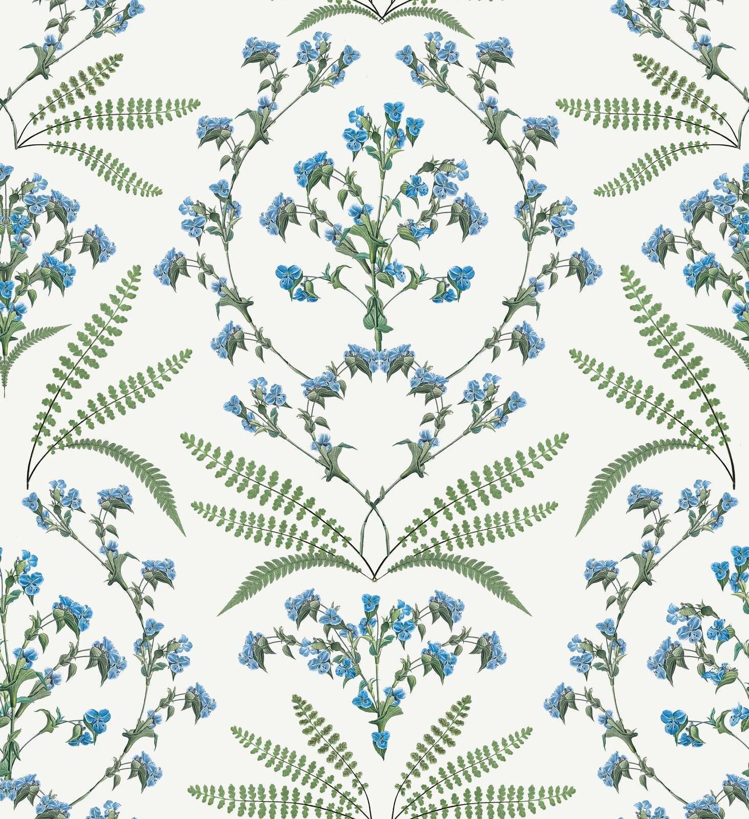 Ramas de flores azules y helechos