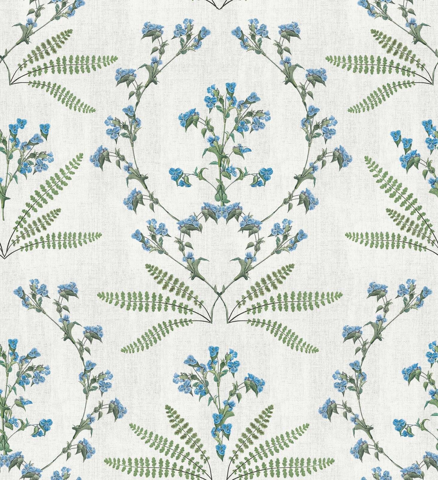 Ramas de flores azules con helechos