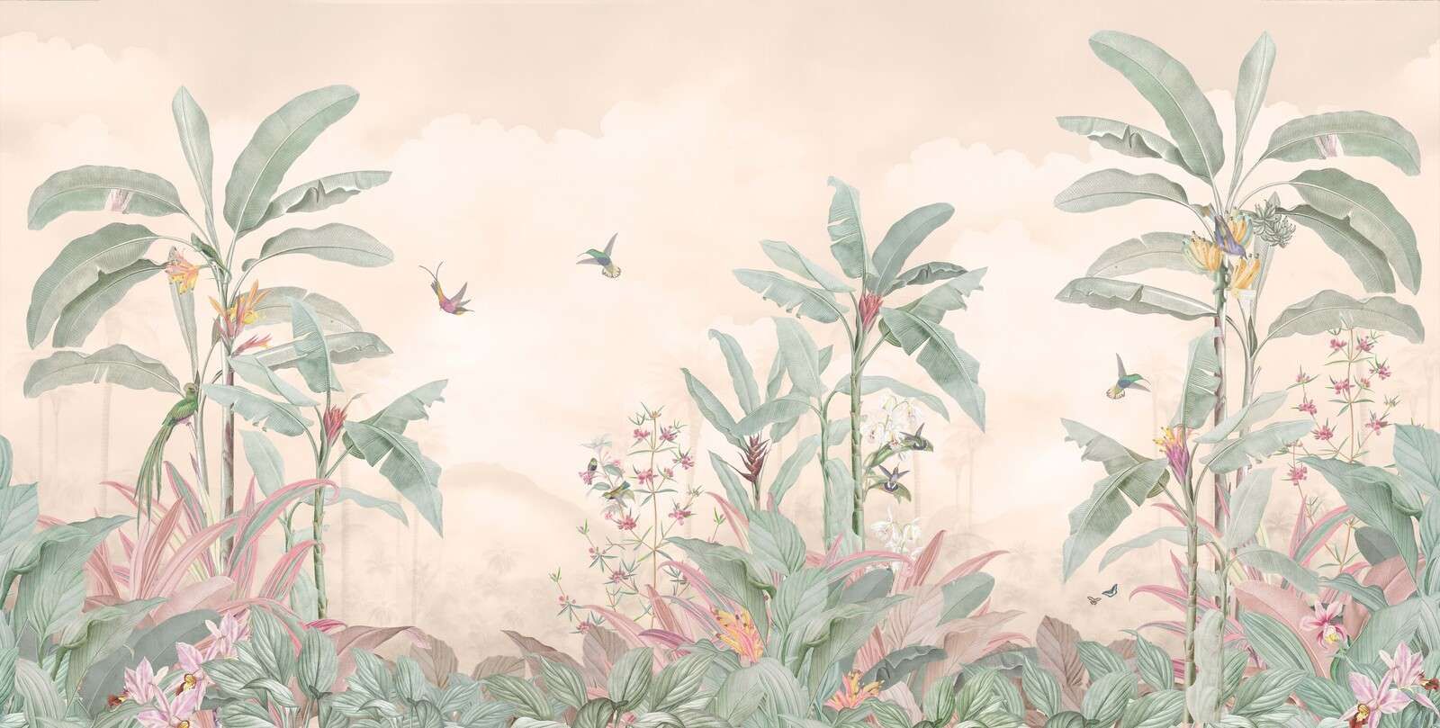 Colibríes bajo un suave cielo nublado.