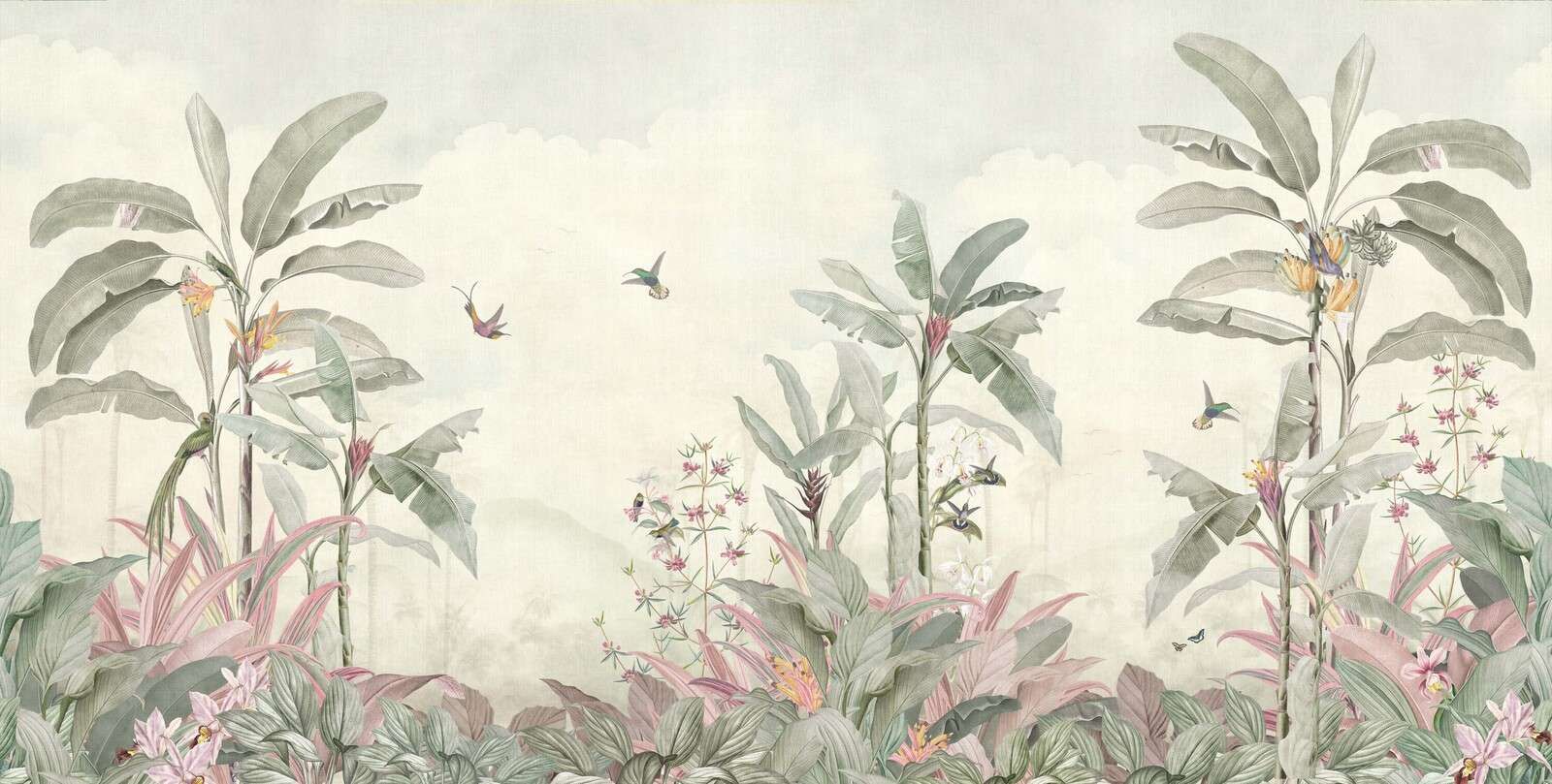 Colibríes en hojas tropicales.