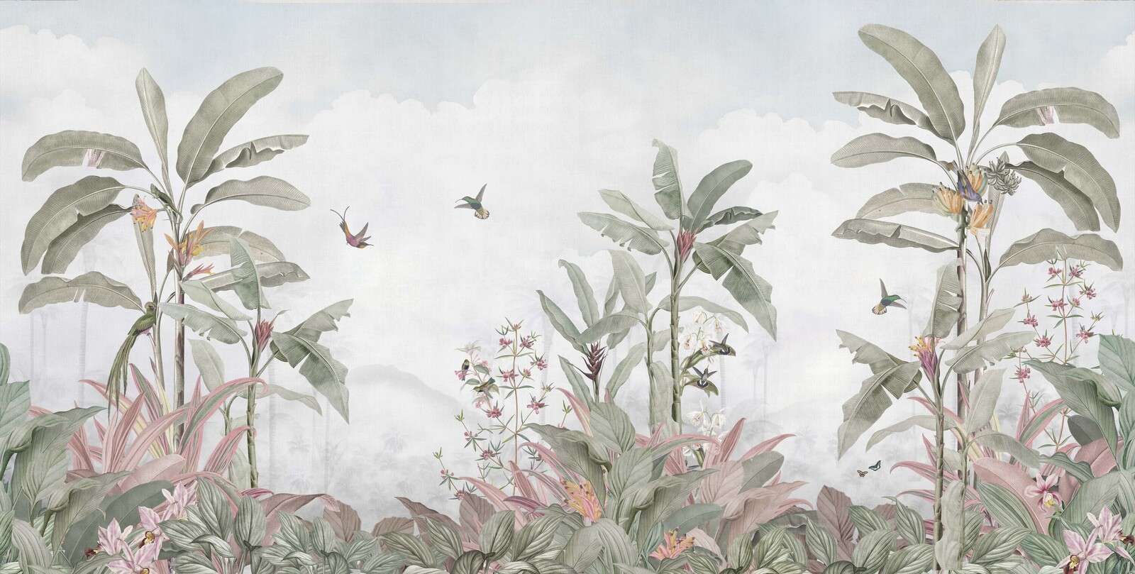 Colibríes entre hojas tropicales.