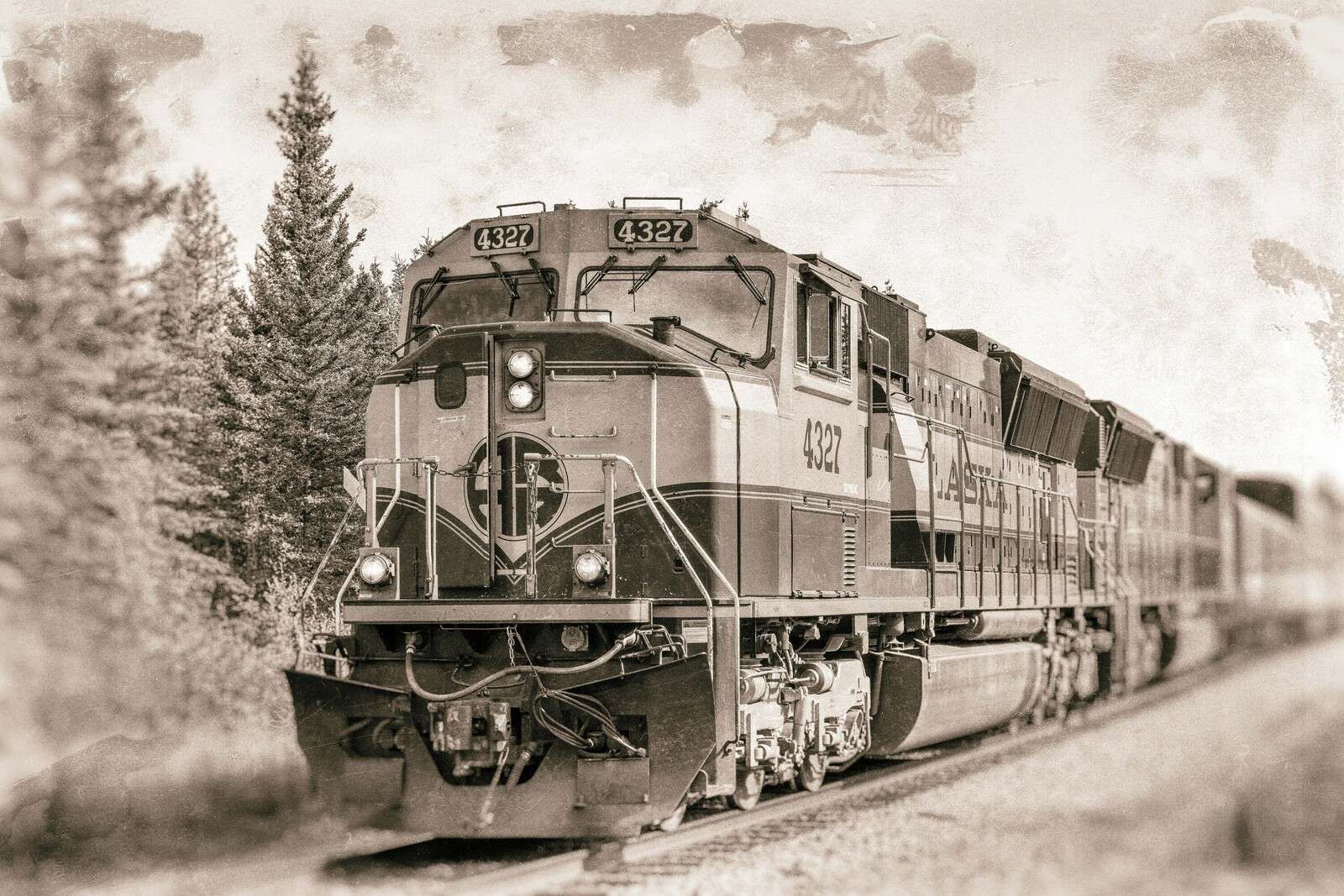 Locomotora antigua en tonos sepia.