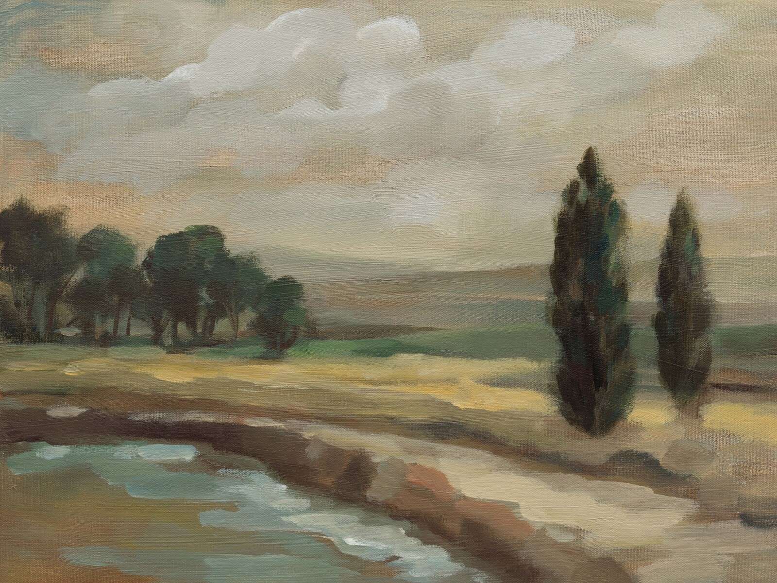 Río veraniego junto a cipreses.