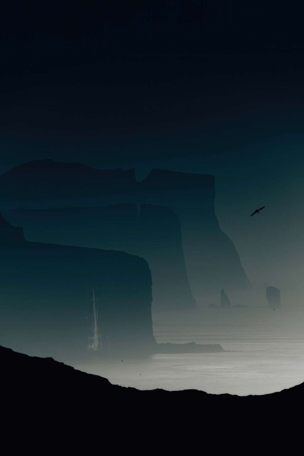 Acantilados en niebla azul grisácea de la mañana