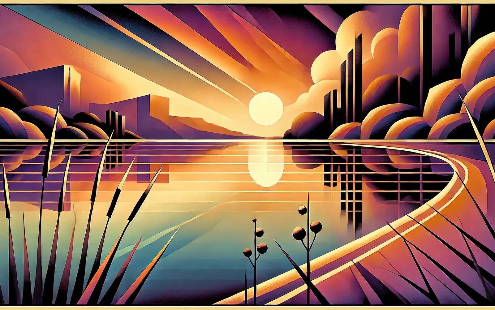 Luz vespertina sobre un lago gráfico