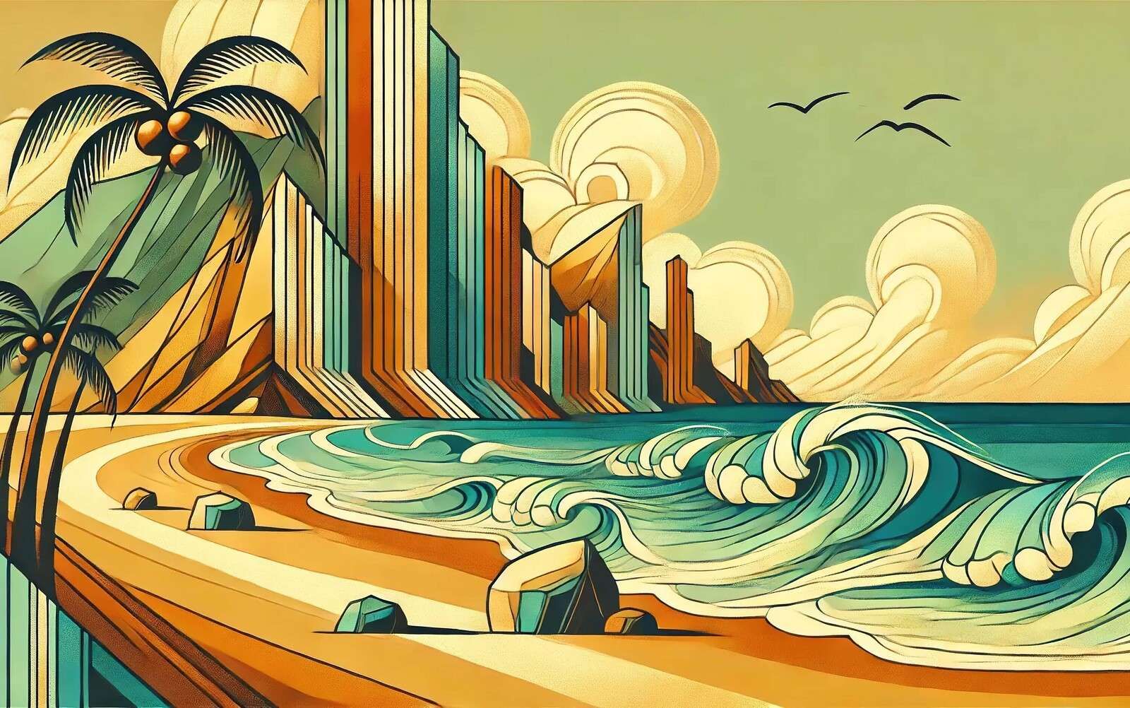 Oleaje en la costa tropical de estilo art déco.