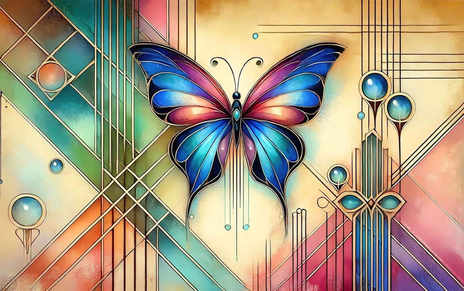 Mariposa en vitral con brillo art déco.