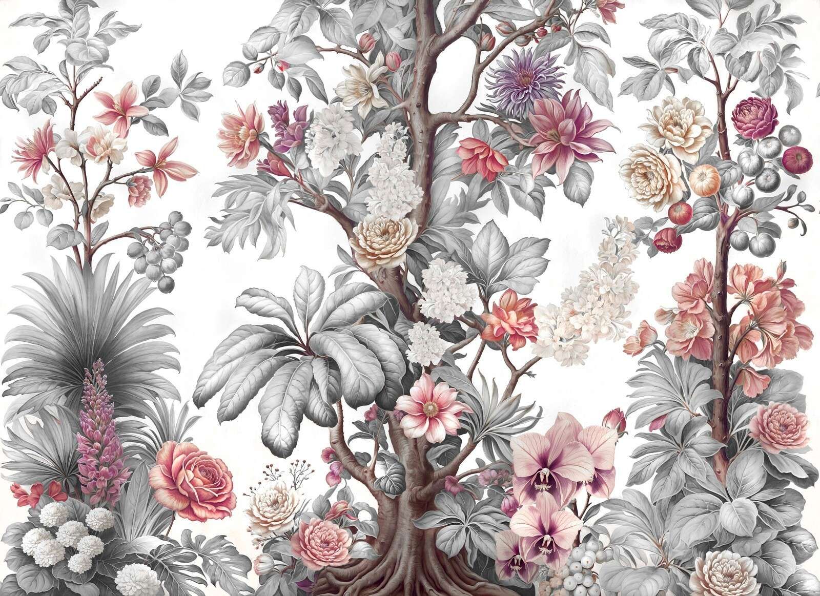 Árbol de floración botánica en tonos de gris