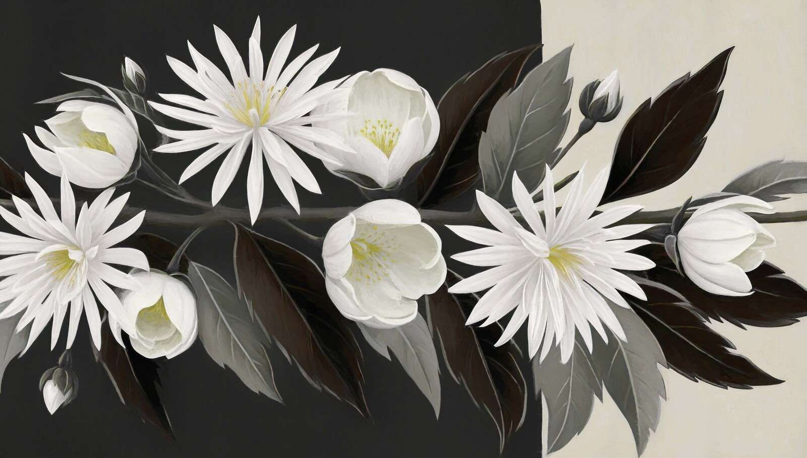 Clemátide blanca sobre una rama oscura.