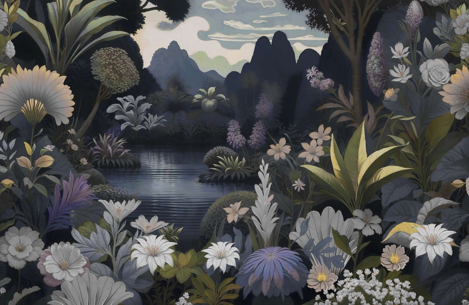 Paisaje montañoso místico con mar de flores