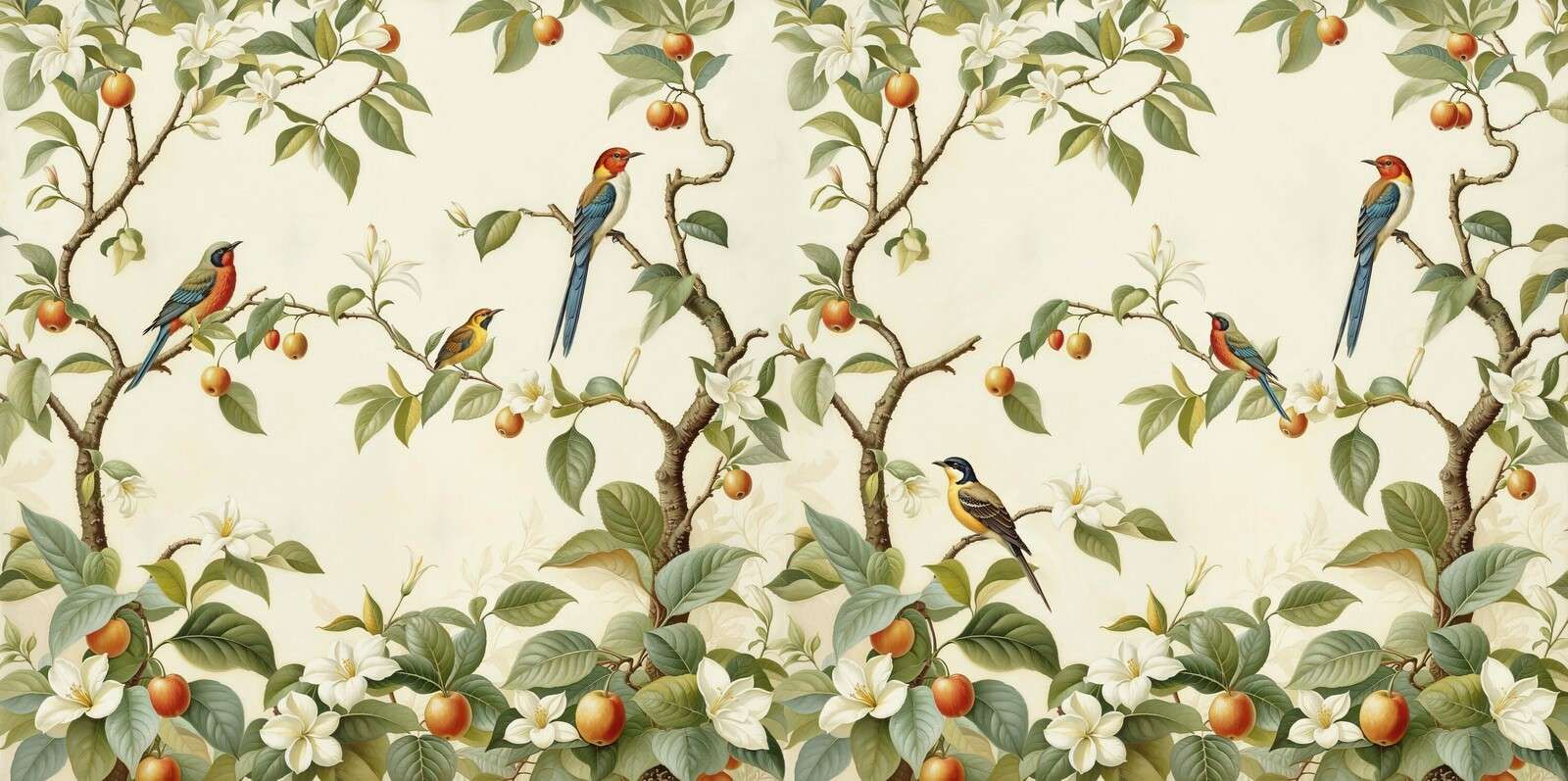Pájaros cantores vintage en árboles frutales