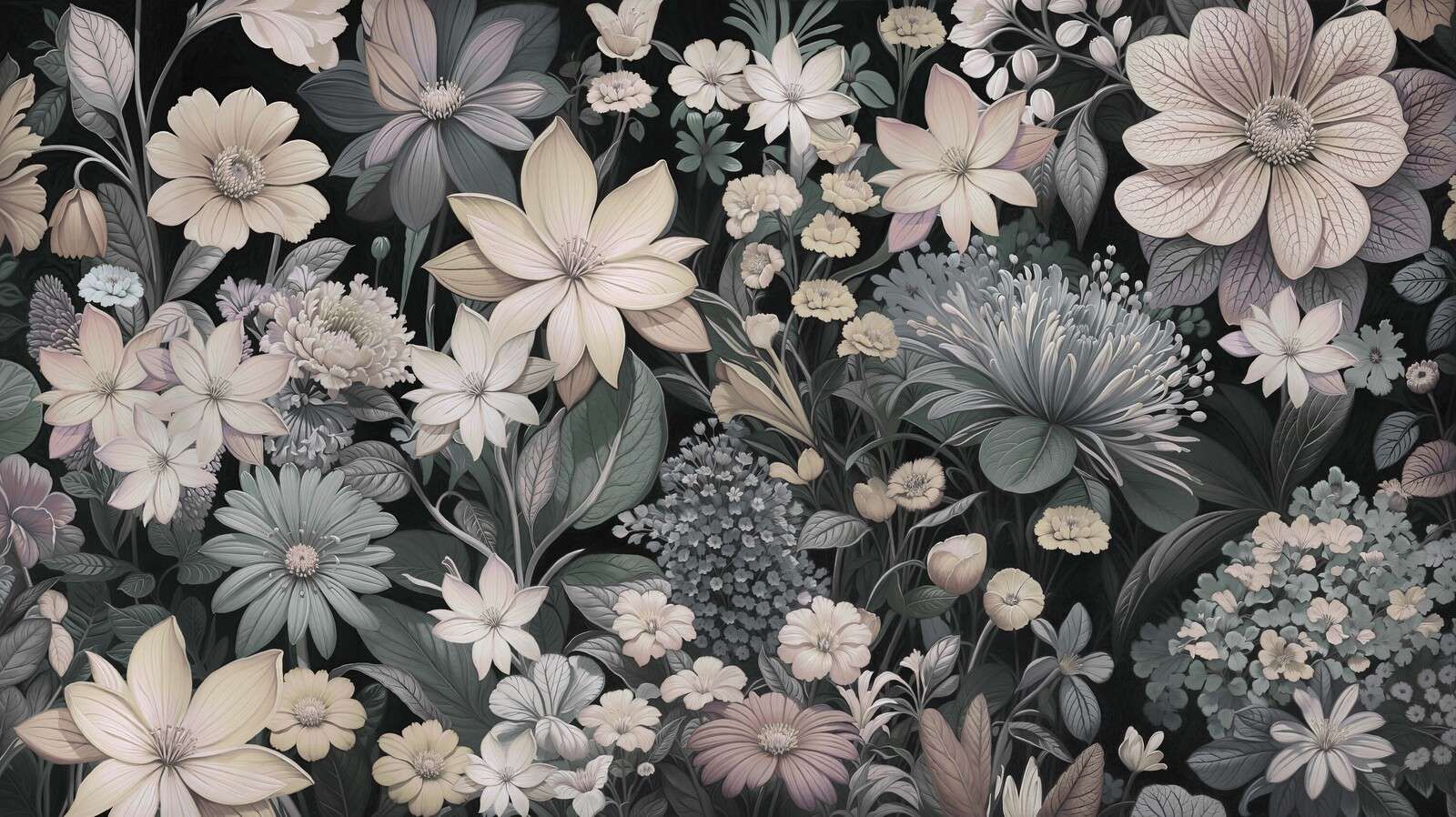 Pradera de flores oscura con tonos pastel