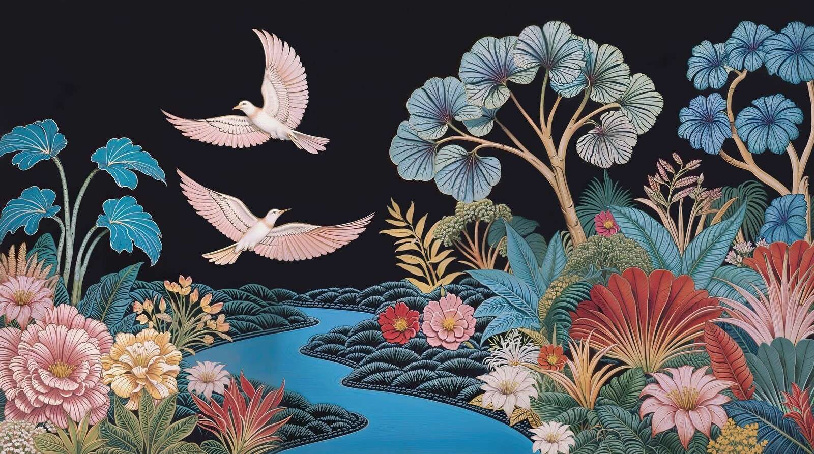 Paisaje tropical con aves blancas