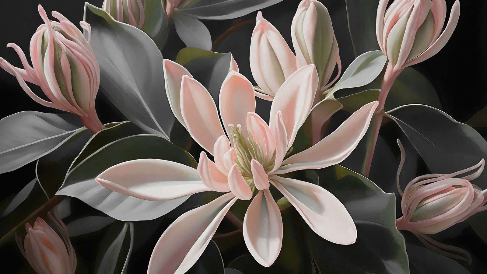Flores suaves de magnolia sobre fondo oscuro