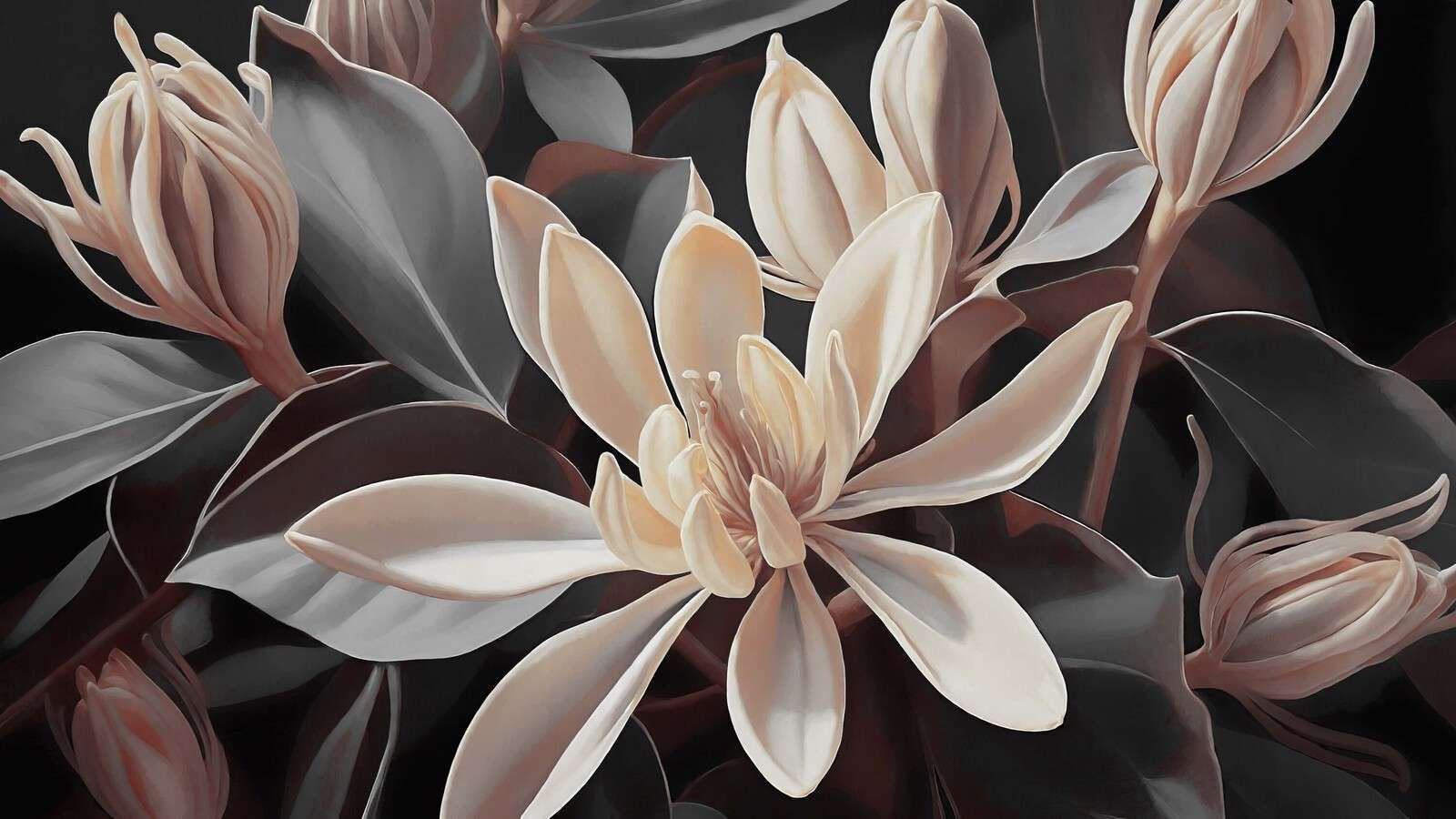 Flores de magnolia color crema sobre fondo oscuro